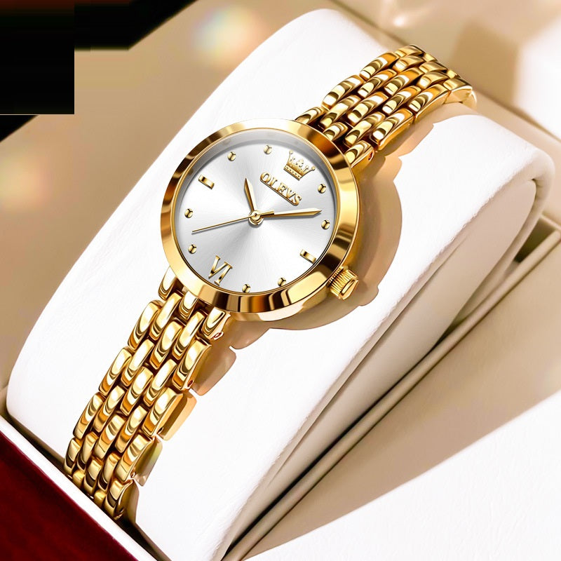 Montre Femme Cadran Blanc Élégante Boîtier et Bracelet Métalliques Mat Chiffres Romains