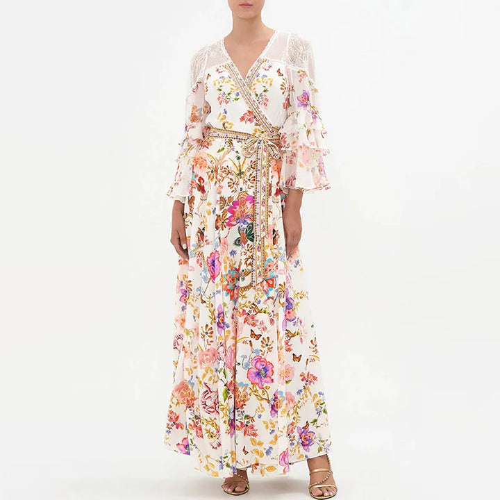 Robe Féérique à Col V - Cintrée avec Motif Floral