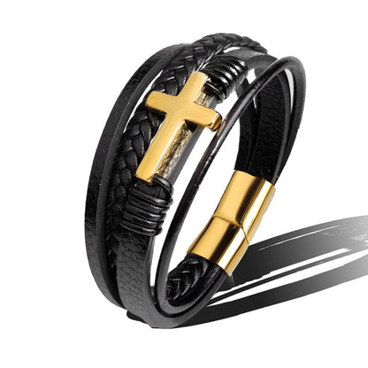 Bracelet homme en cuir tressé avec croix en acier inoxydable - Sentinel