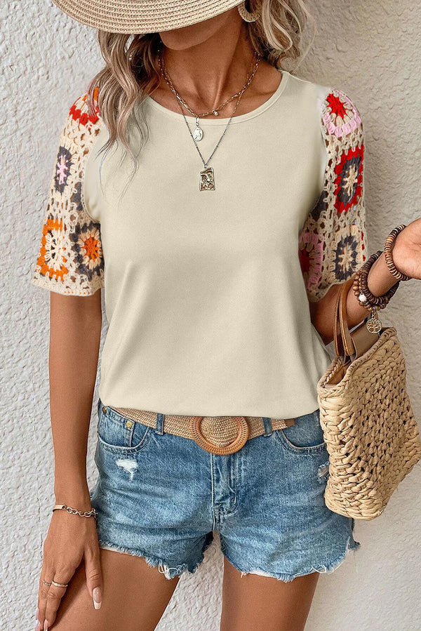 Hanna - Top en crochet à manches courtes avec impression de fleurs
