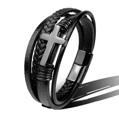 Bracelet homme en cuir tressé avec croix en acier inoxydable - Sentinel