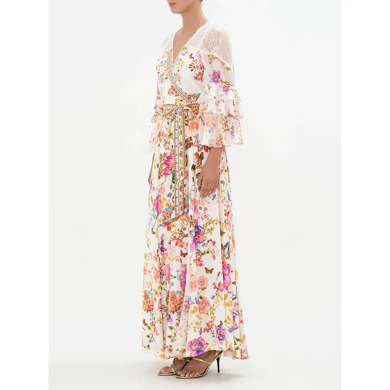 Robe Féérique à Col V - Cintrée avec Motif Floral