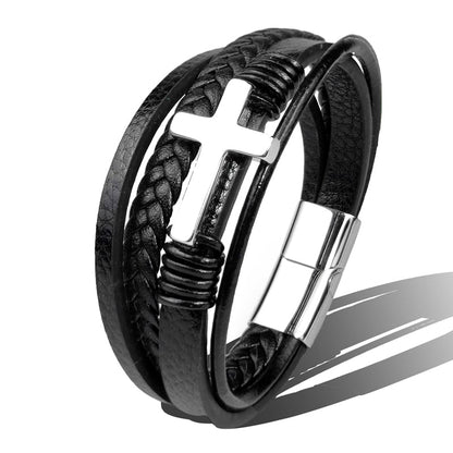 Bracelet homme en cuir tressé avec croix en acier inoxydable - Sentinel