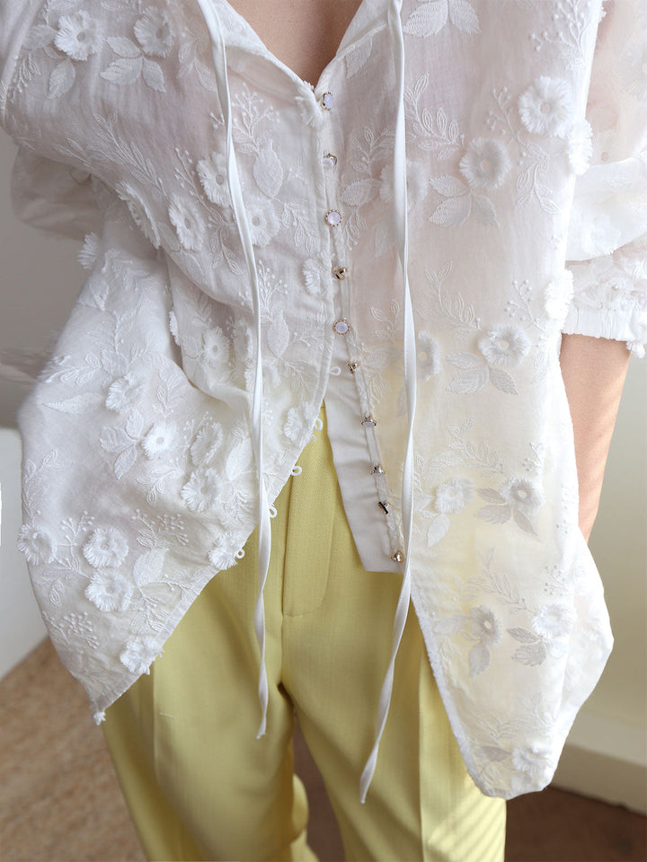 Sophie - Chemisier oversize à fleurs brodées semi-transparentes