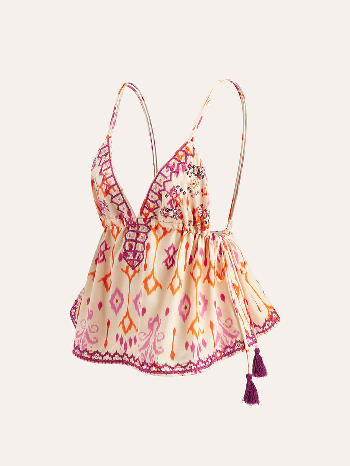 Nora - Top Cami brodé à nouettes Boho