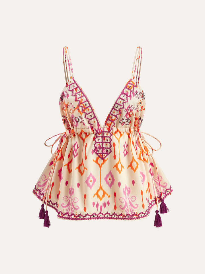 Nora - Top Cami brodé à nouettes Boho