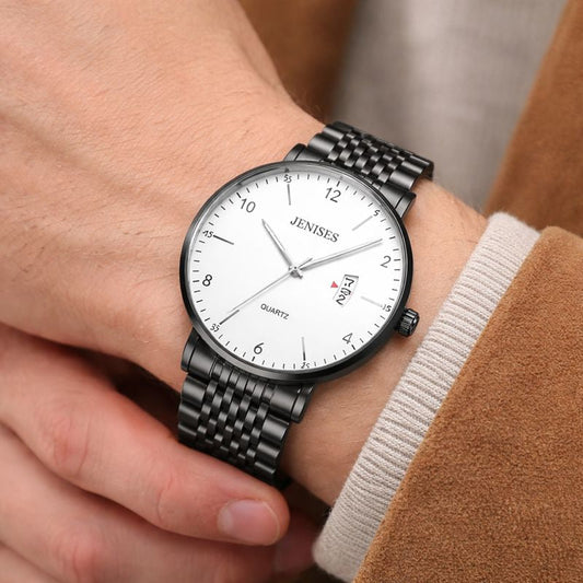 Montre Homme En Acier Inoxydable Cadran Numéroté Avec Grande Lisibilité, Boîtier Fin Et Bracelet À Maillons