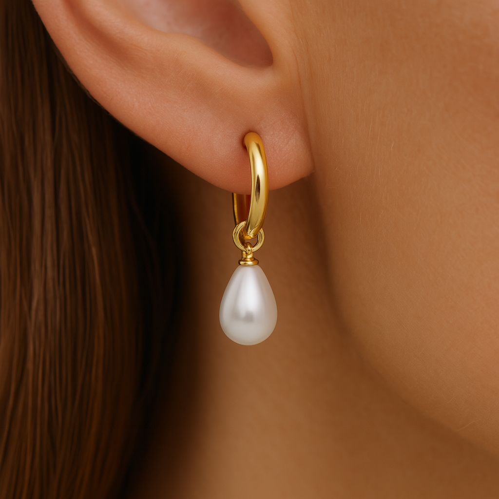 Boucles d'oreilles plaquées or avec goutte de perle blanche - Dalia