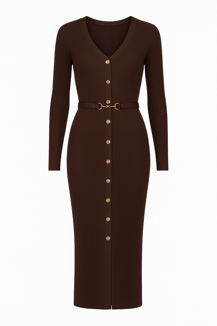 Robe midi en maille avec boutons fins ceinturés - Maelle