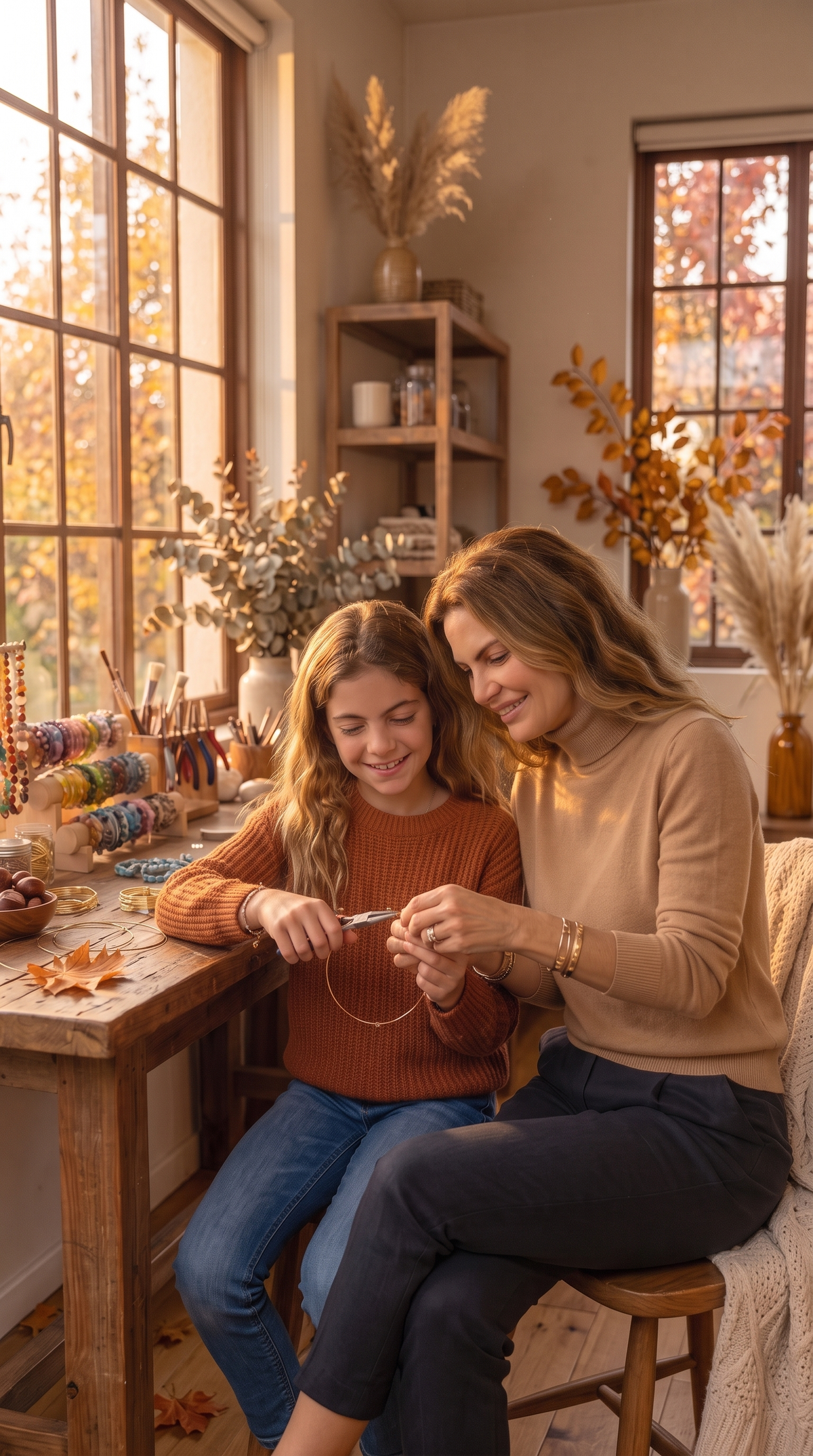 Mère et fille créant un bijou dans l'atelier Eveux en automne