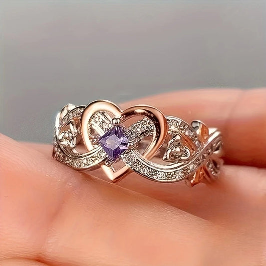 Bague cœur en or et argent violet brillant