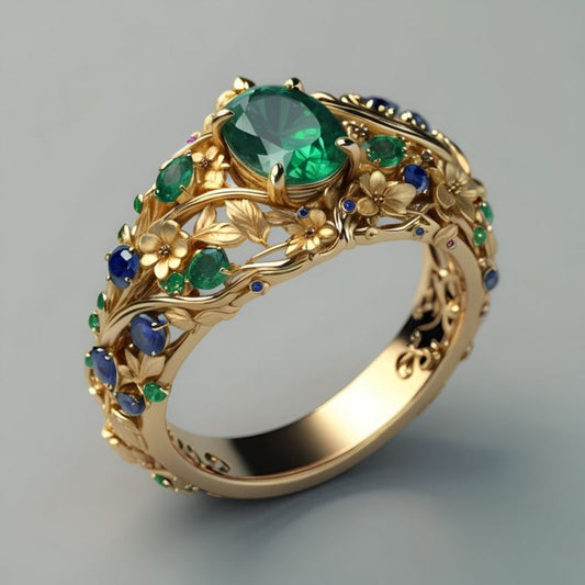 Bague en or avec cristaux verts et bleus