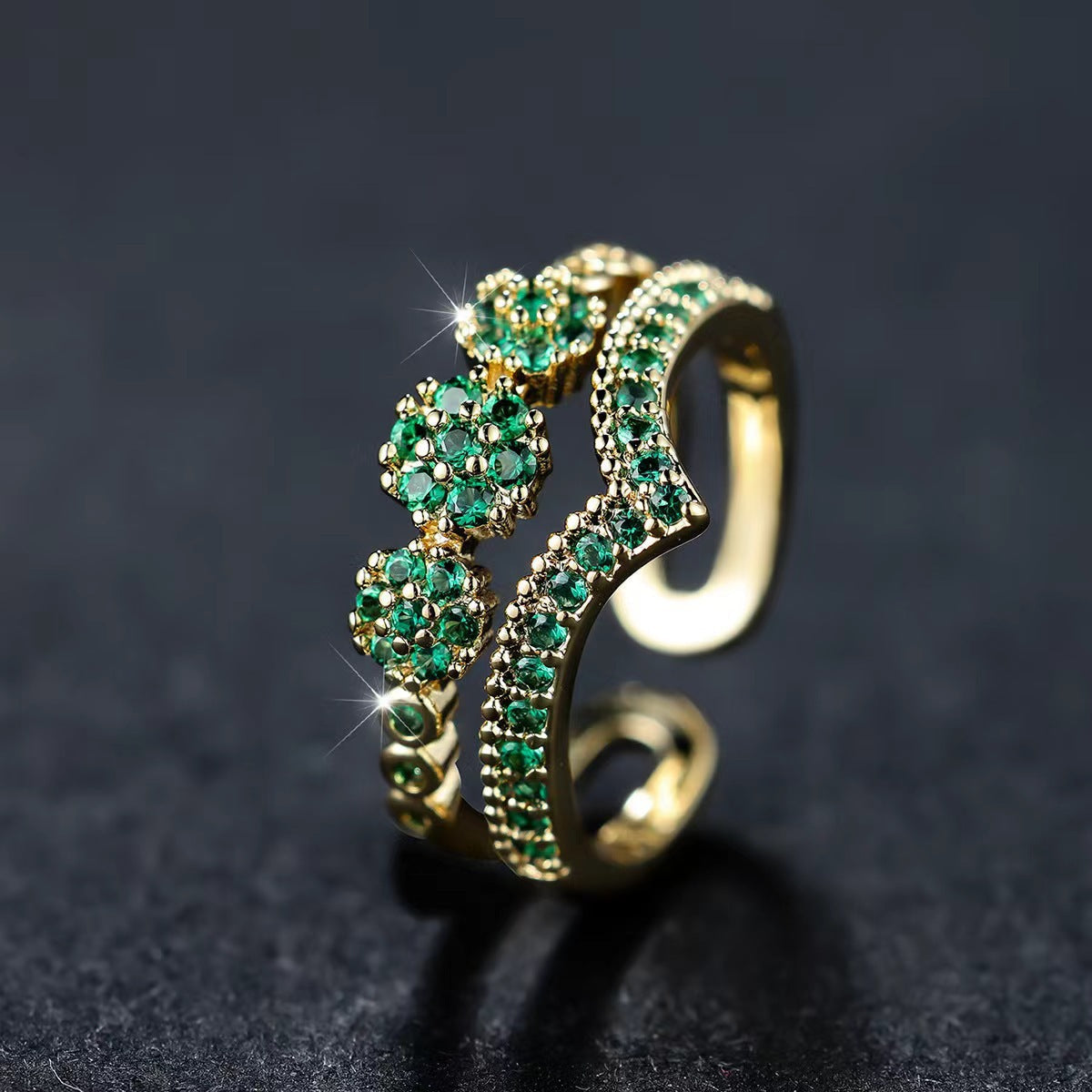 Bague en or avec double anneau et cristaux verts - Saphyra