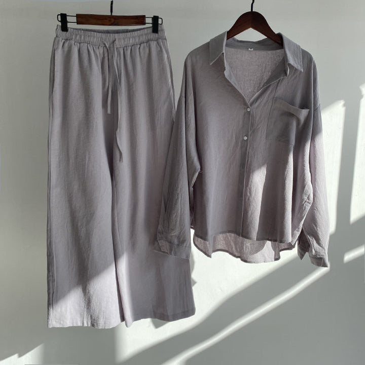 Anja - Ensemble chemise en coton et lin et pantalon à taille haute