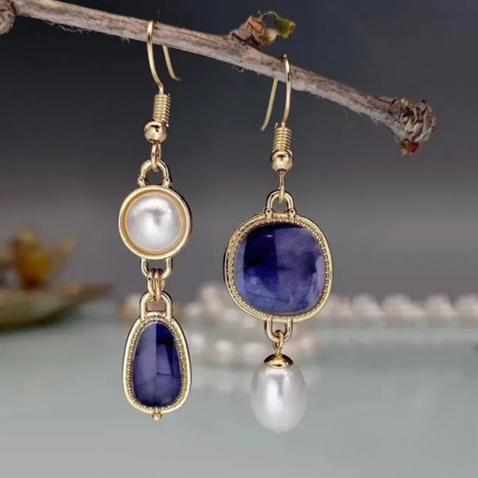 Boucles d Oreilles Pierres Bleues et Perles Collection Élégance Exclusivité