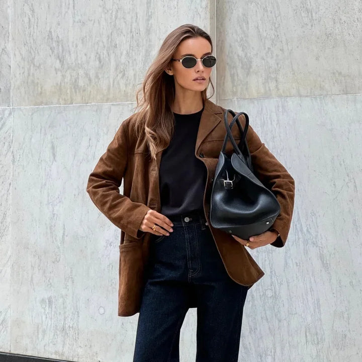 Mélodie - Veste en Suède Marron à Revers Chic et Chaude