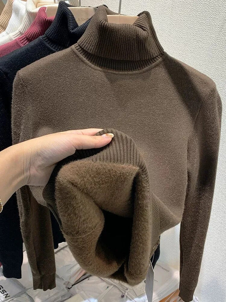 Pull à col roulé doublé de velours pour femme