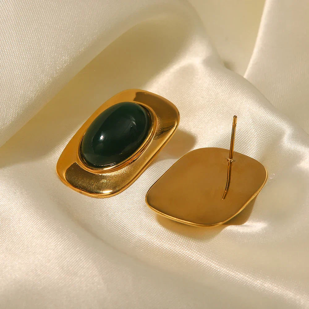 Boucles D’Oreilles Ovales Opale Verte Plaqué Or 18K Collection Opale Édition Limitée