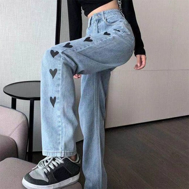 Pantalon Loretta - Confortable pantalon en denim avec des jambes larges et des cœurs romantiques