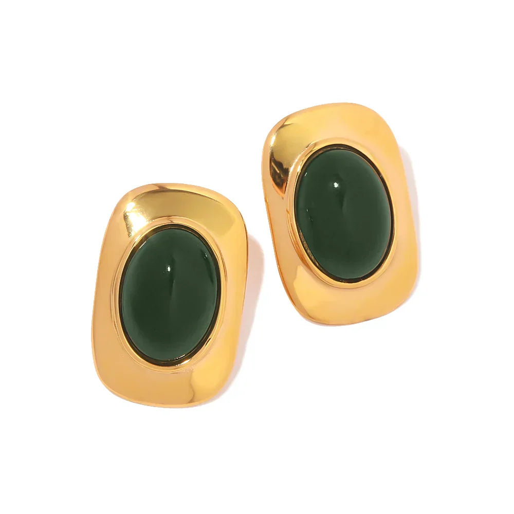 Boucles D’Oreilles Ovales Opale Verte Plaqué Or 18K Collection Opale Édition Limitée