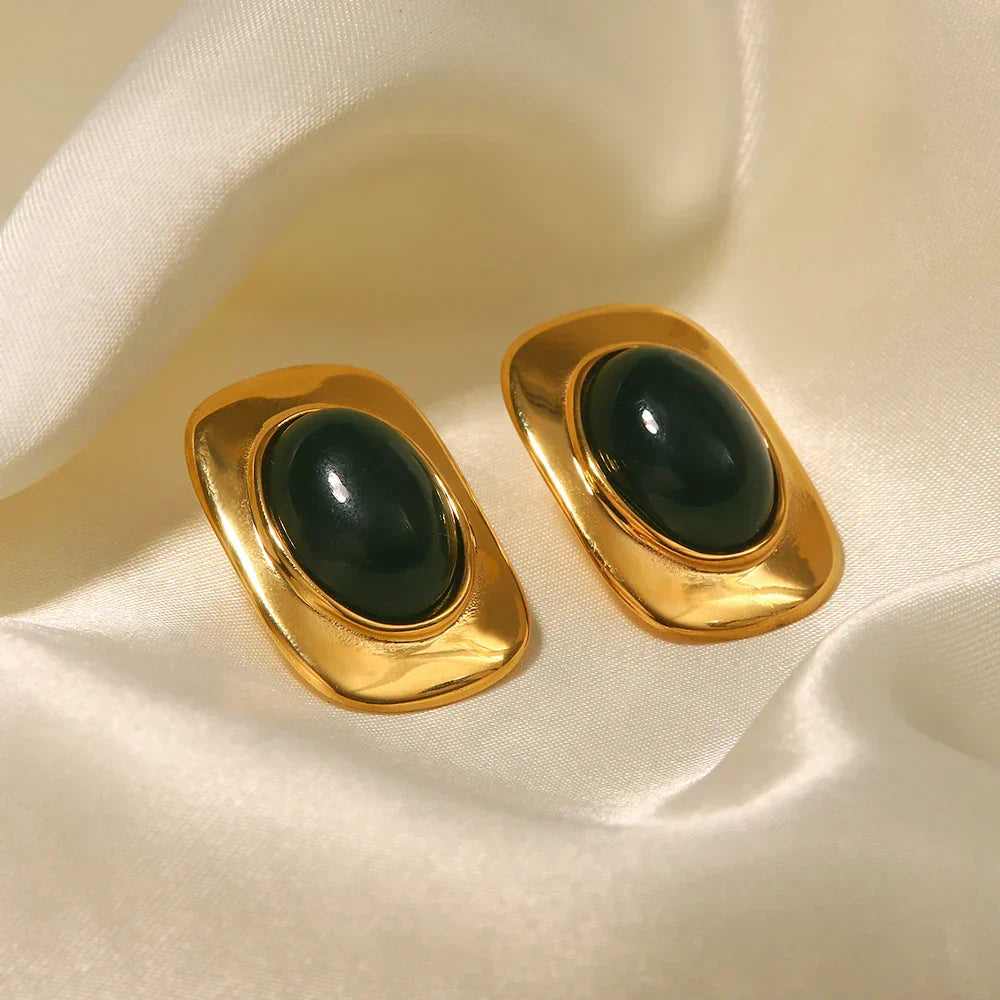 Boucles D’Oreilles Ovales Opale Verte Plaqué Or 18K Collection Opale Édition Limitée