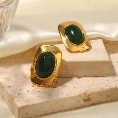 Boucles D’Oreilles Ovales Opale Verte Plaqué Or 18K Collection Opale Édition Limitée