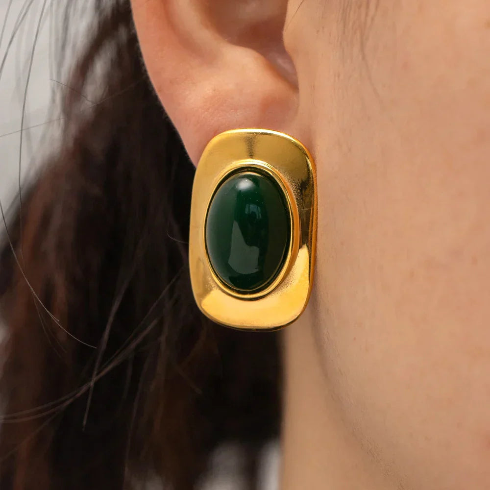 Boucles D’Oreilles Ovales Opale Verte Plaqué Or 18K Collection Opale Édition Limitée