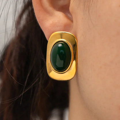 Boucles D’Oreilles Ovales Opale Verte Plaqué Or 18K Collection Opale Édition Limitée