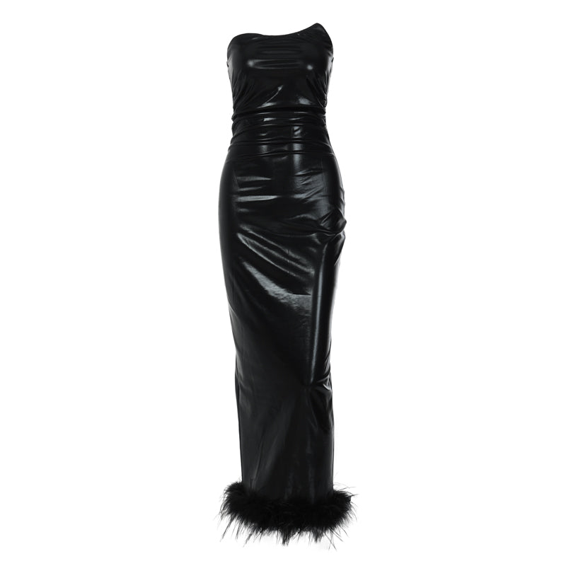 Marta - Robe longue noire en cuir Pu pour femme