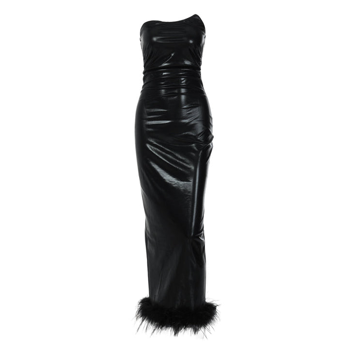 Marta - Robe longue noire en cuir Pu pour femme