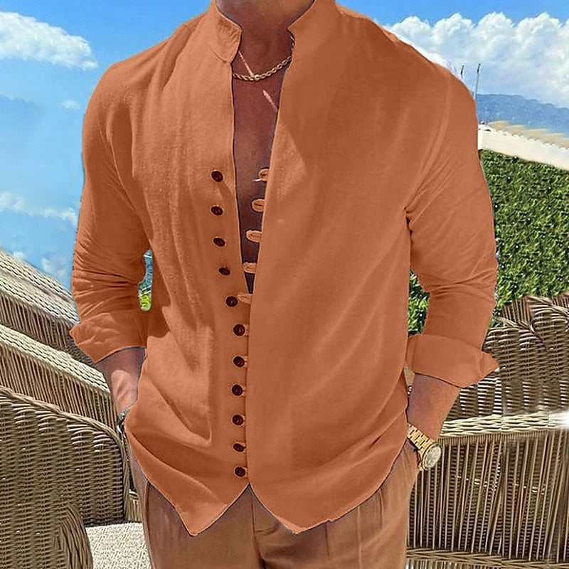 LEON - Chemise d'été en lin pour homme avec bouton