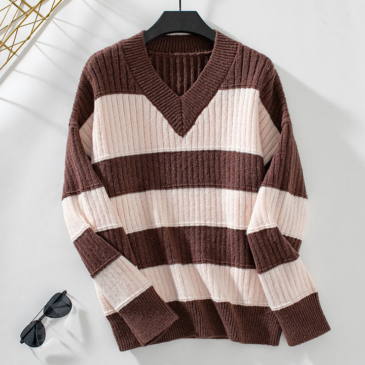 Jolie - Pull rayé pour femme à col en V et à manches longues