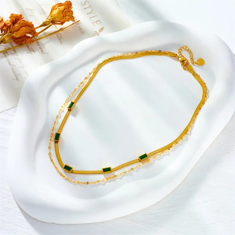 Collier double plaqué or avec rectangles verts - Narelle