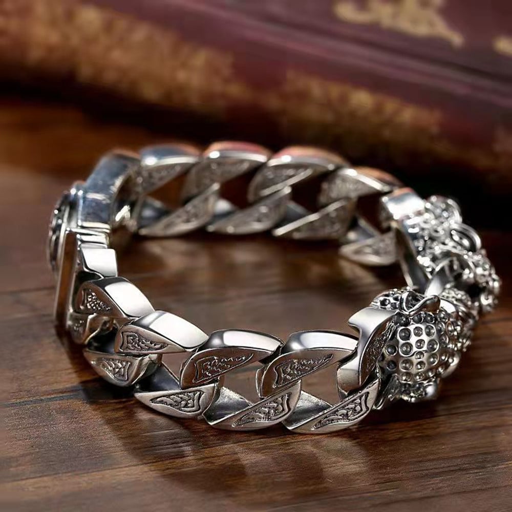 Bracelet homme tête de léopard avec motif tribal métallique - Hekkan