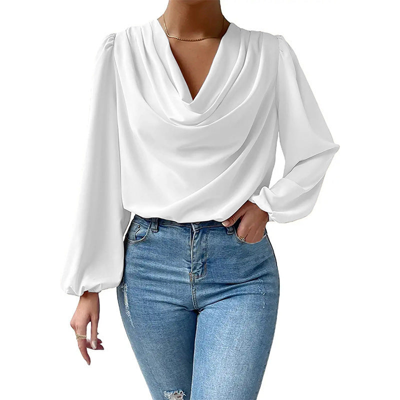 Lea - Blouse Élégante Femme en Chiffon à Col Bénitier et Manches Longues