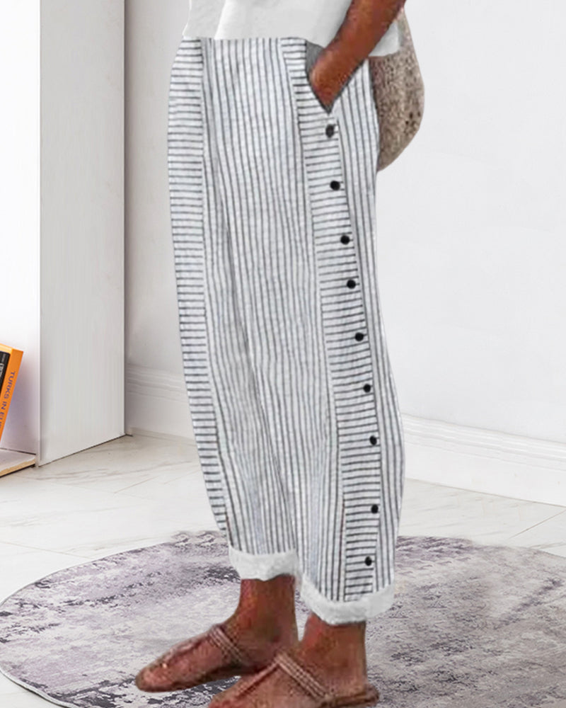 Pantalon court d'été pour femmes - Rayé - Décontracté