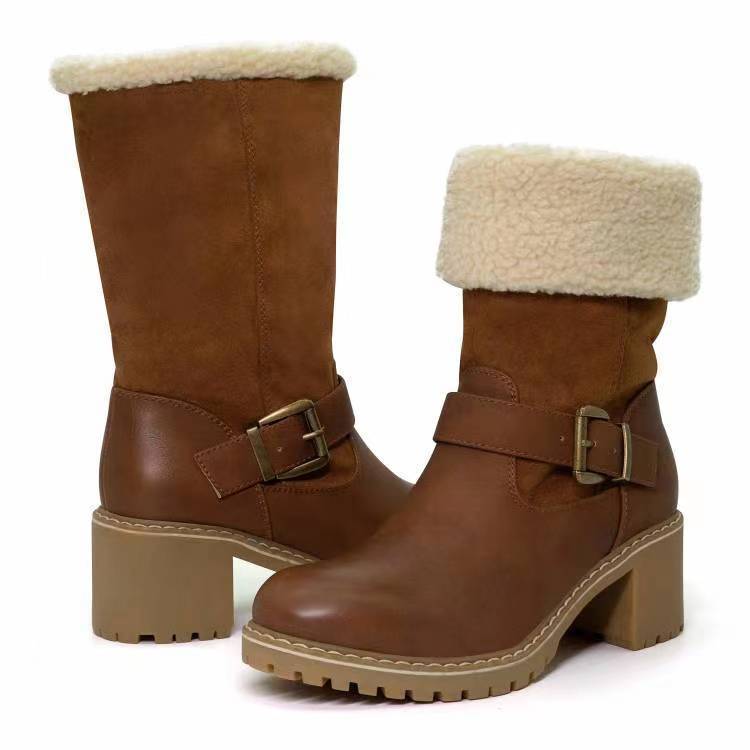 Vale - Bottes Femme Mi-Mollet à Enfiler avec Talon Épais, Boucle et Doublure Douce