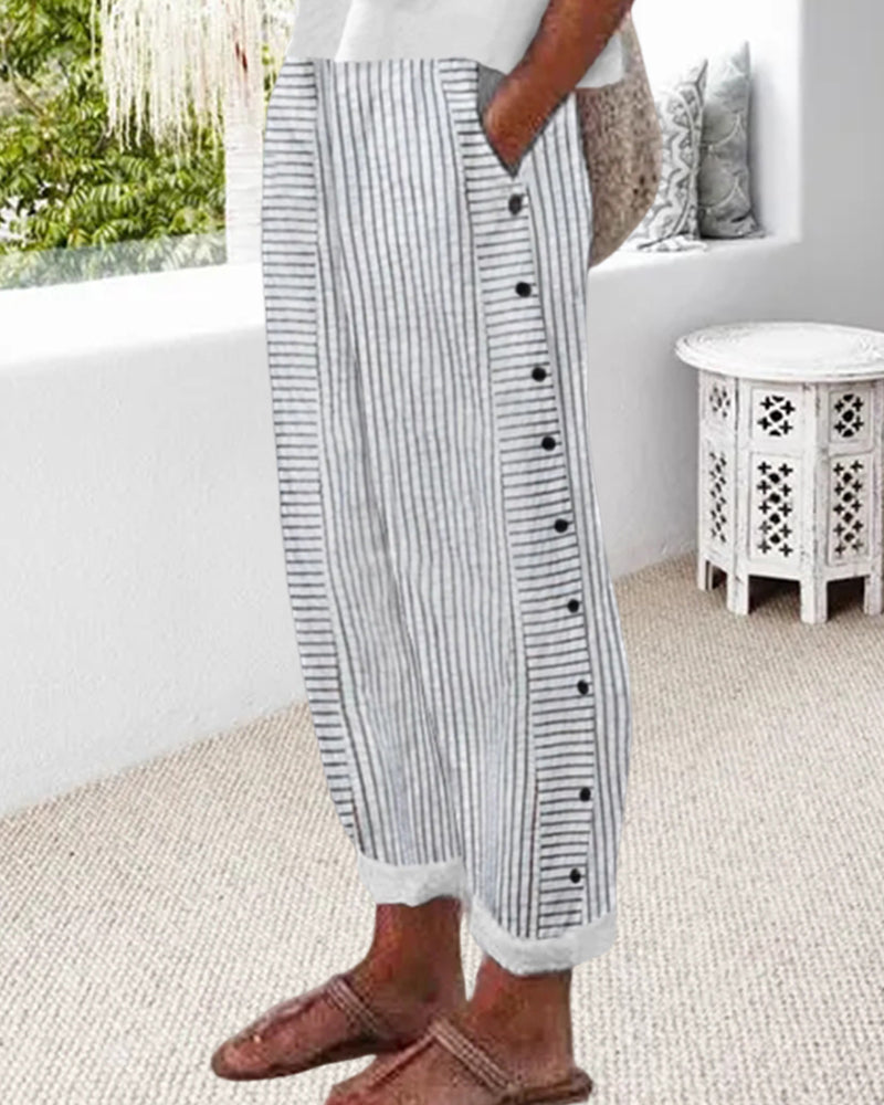 Pantalon court d'été pour femmes - Rayé - Décontracté