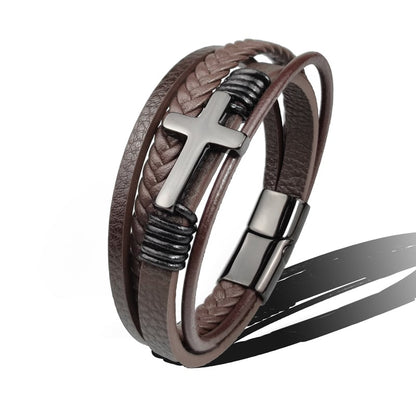 Bracelet homme en cuir tressé avec croix en acier inoxydable - Sentinel