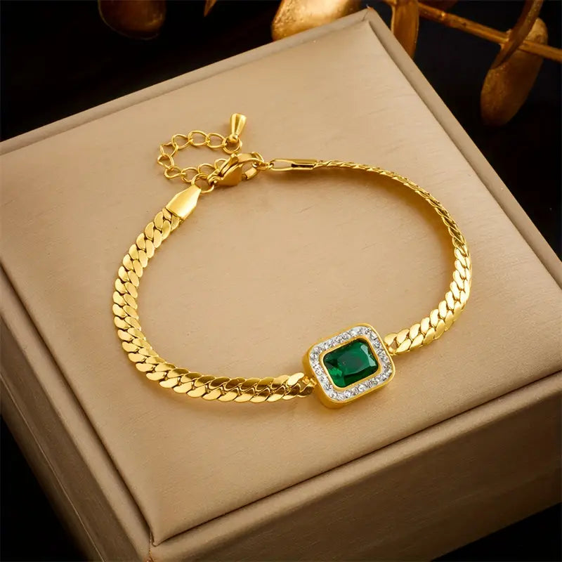 Bracelet doré avec cristal rectangulaire vert - Liriel
