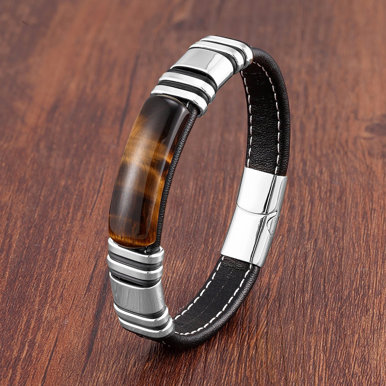 Bracelet homme en cuir avec design magnétique en acier inoxydable - Vulcan