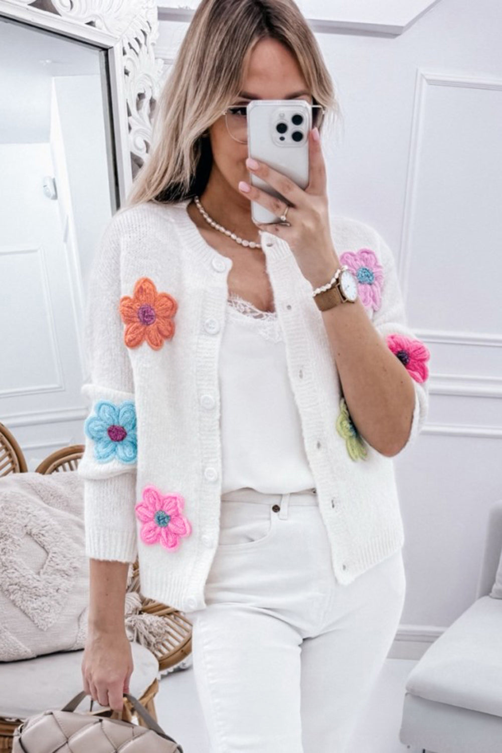 Arielle - Cardigan Mignon Tricoté à Motif Floral avec Boutons