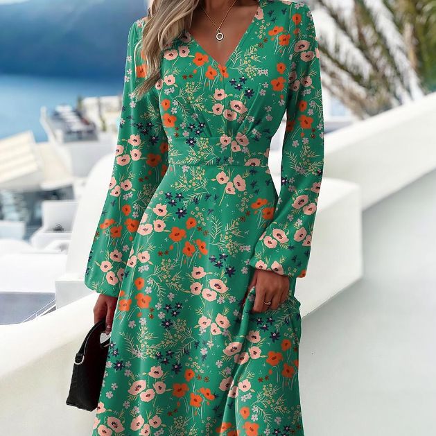 Tanschi - Robe fleurie à manches midi et décolleté en V