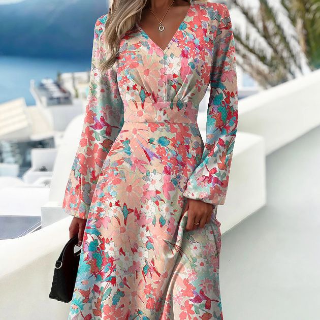 Tanschi - Robe fleurie à manches midi et décolleté en V