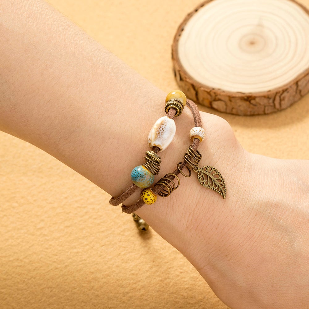 Bracelet femme bohème en cuir fait main avec perles en céramique - Lantana