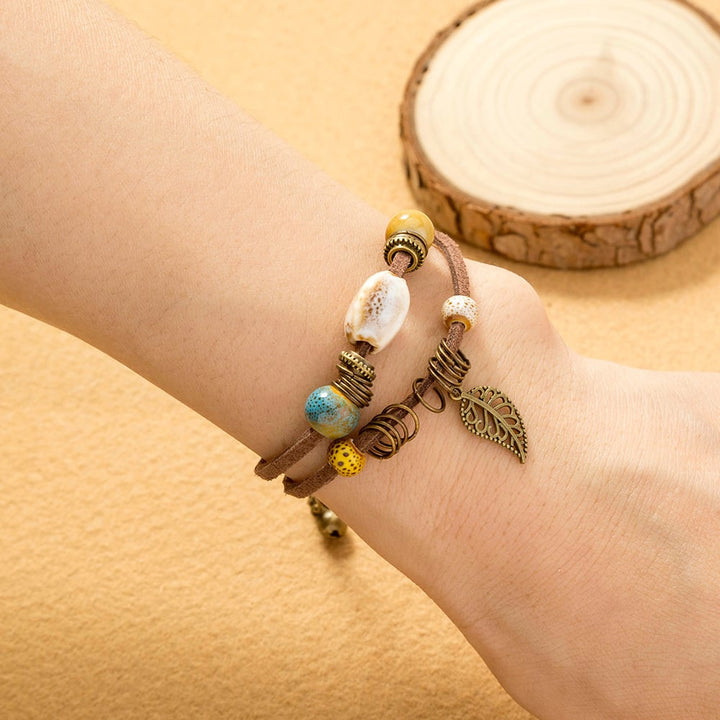 Bracelet femme bohème en cuir fait main avec perles en céramique - Lantana