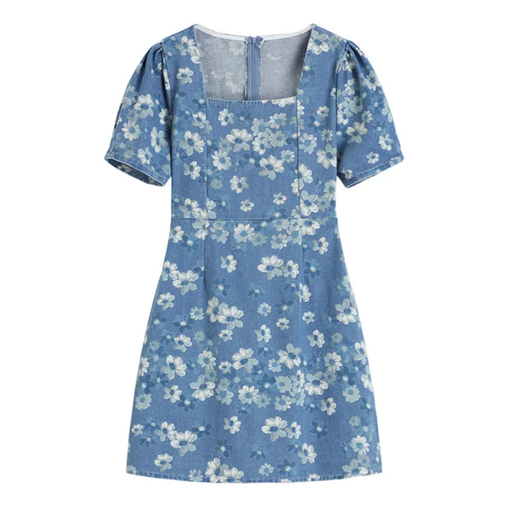 Andrea - Robe en jean bleu à fleurs