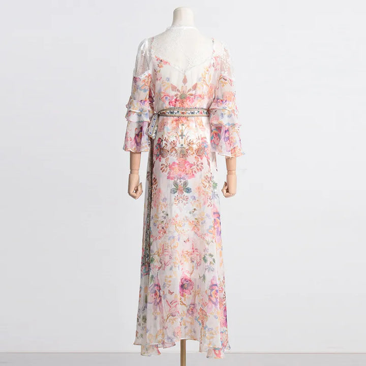 Robe Féérique à Col V - Cintrée avec Motif Floral