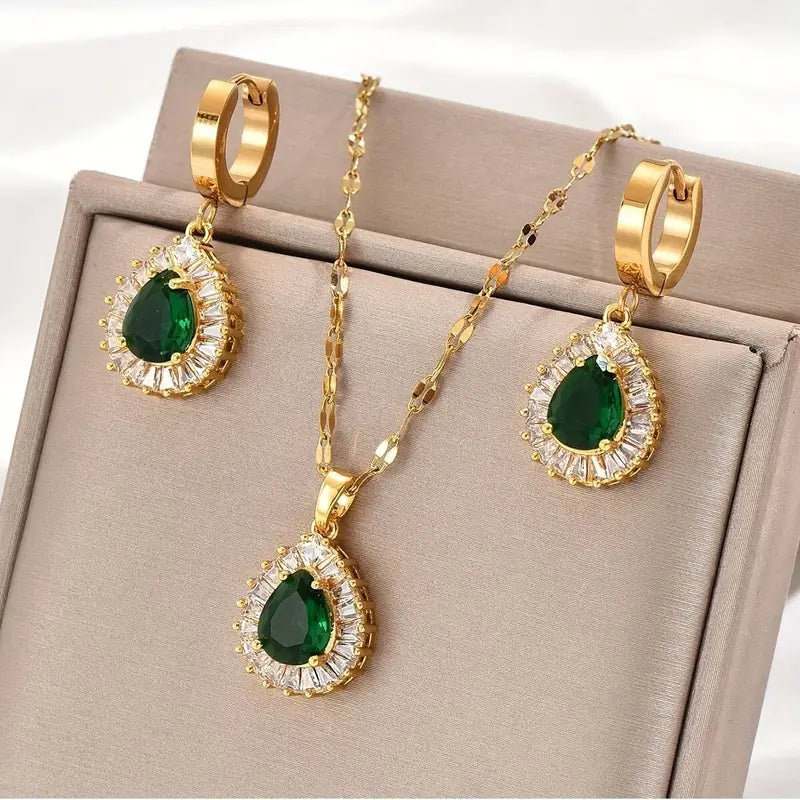 Collier et boucles d'oreilles pendants avec zircon cubique vert - Valenne