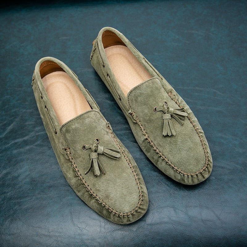 Mocassins à semelle souple et à glands en daim vert olive pour hommes - Alessio